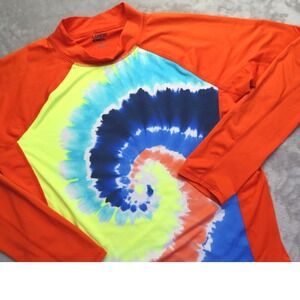 Lands End Men's XXL Rash Guard Long Sleeve Orange Tie Dye Swim Shirt